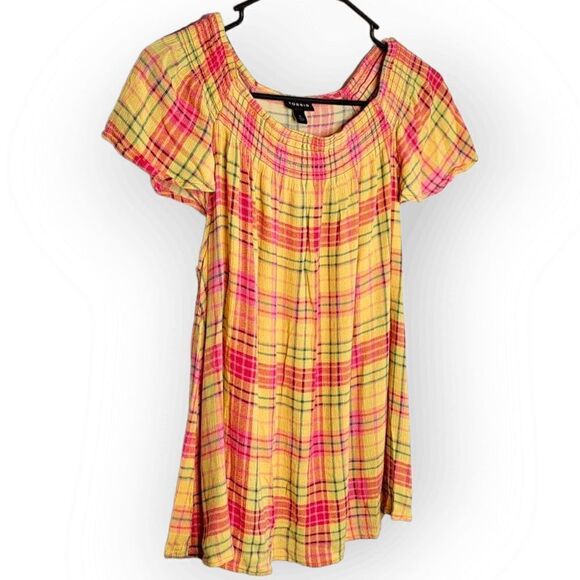 Torrid Plus Size Smocked Crew Neck Blouse Crinkle Gauze Plaid Yellow size 0X - Picture 5 of 9